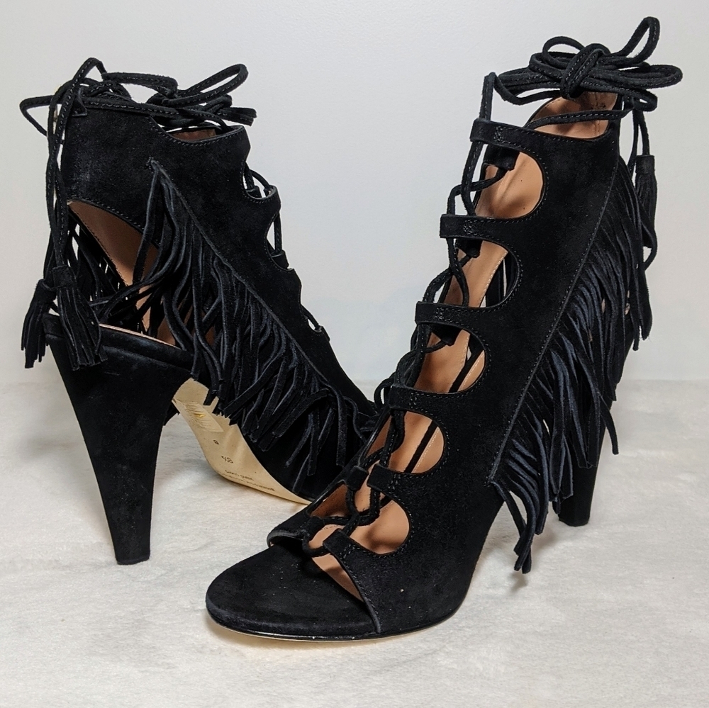 Sigerson Morrison Sandal Suede Fringe Ankle Wrap Ghillie Tie Heel Black 8.5 NIB